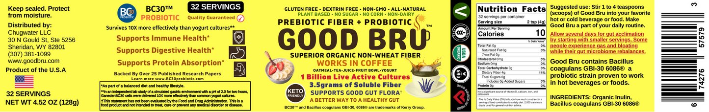 Good Bru organic prebiotic plus probiotic single pack. A healthy gut is important to overall health. Keto friendly all natural soluble fiber that goes great in coffee. 1 Billlion live active cultures that supports digestive health, immune function, protein utilization and fight IBS, GERD.