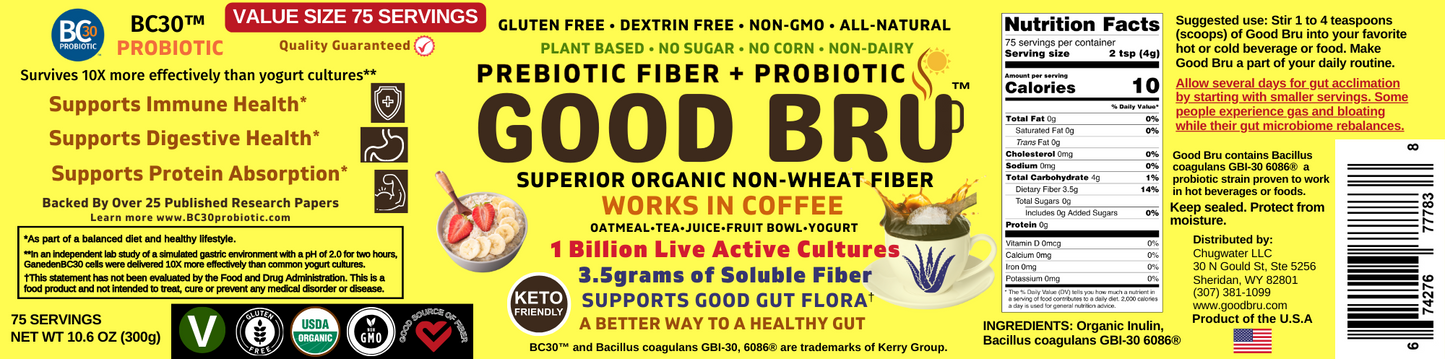 Good Bru organic prebiotic plus probiotic single pack. A healthy gut is important to overall health. Keto friendly all natural soluble fiber that goes great in coffee. 1 Billlion live active cultures that supports digestive health, immune function, protein utilization and fight IBS, GERD.