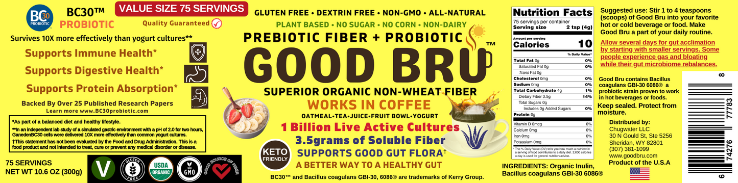 Good Bru make a good brew for a healthy gut. Organic prebiotic fiber with 1 billion CFU of probiotic. Goes in hot or cold beverages like coffee or foods like yogurt or oatmeal.