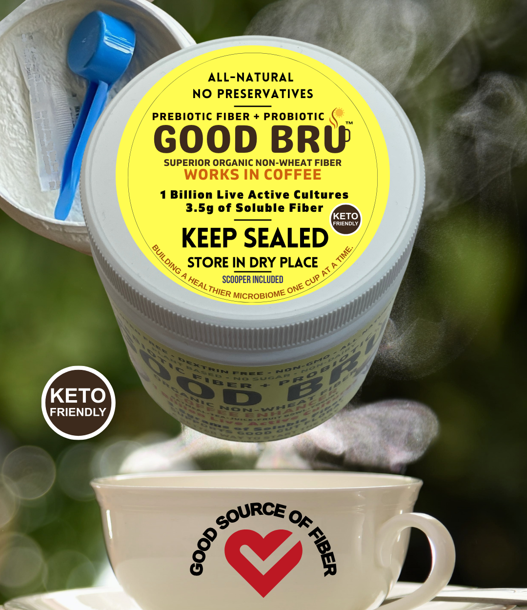 Good Bru for a healthy gut. Organic prebiotic fiber with 1 billion CFU of probiotic. Goes in hot or cold beverages like coffee or foods like yogurt or oatmeal.