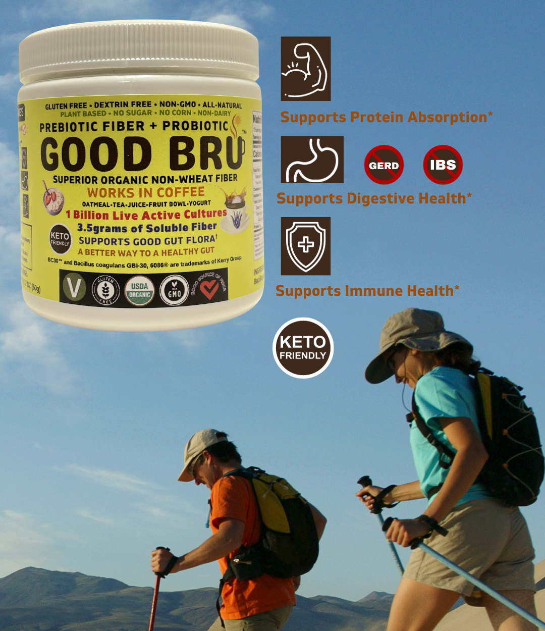 Good Bru organic prebiotic plus probiotic single pack. A healthy gut is important to overall health. Keto friendly all natural soluble fiber that goes great in coffee. 1 Billlion live active cultures that supports digestive health, immune function, protein utilization and fight IBS, GERD.