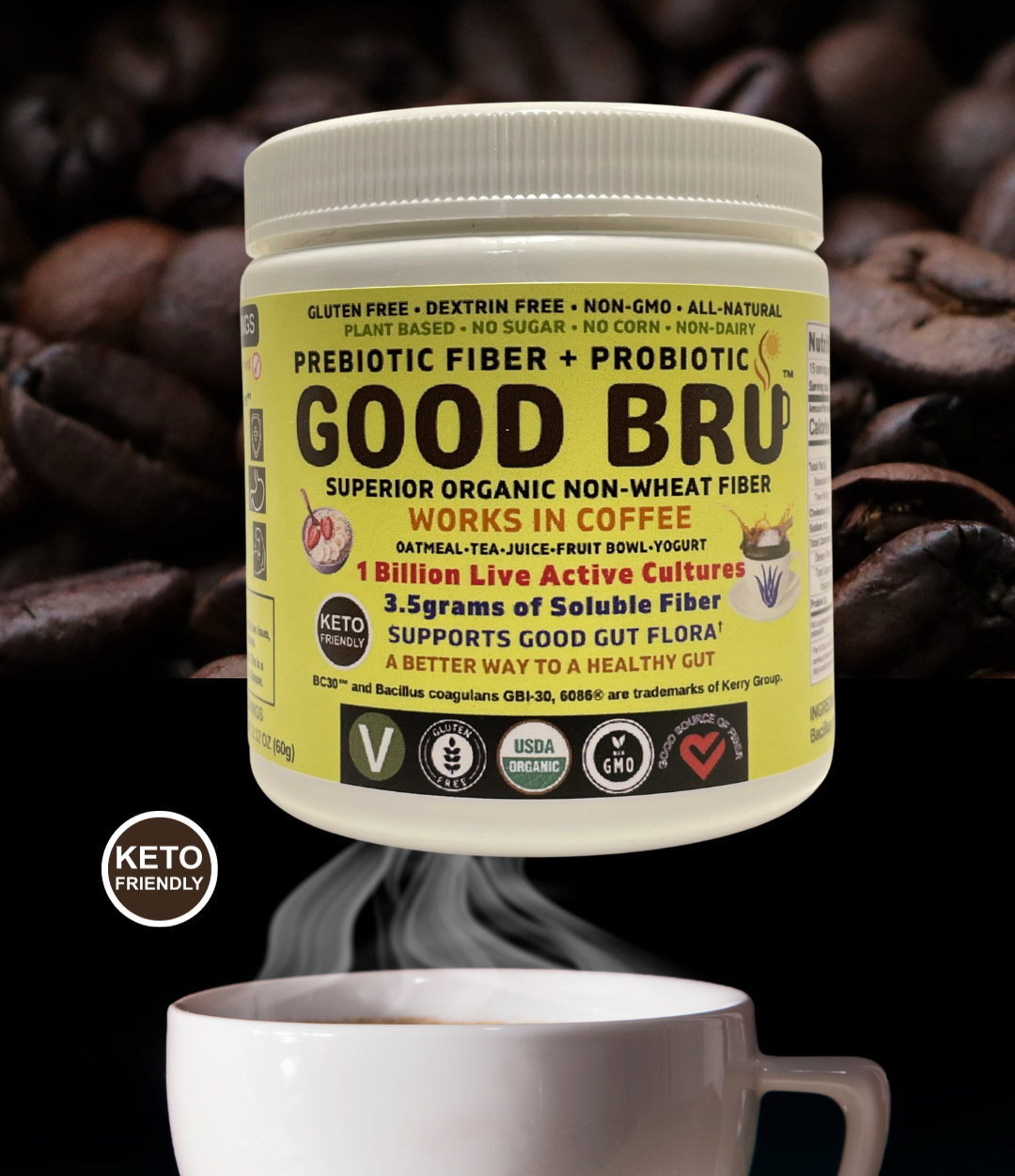 Good Bru organic prebiotic plus probiotic single pack. A healthy gut is important to overall health. Keto friendly all natural soluble fiber that goes great in coffee. 1 Billlion live active cultures that supports digestive health, immune function, protein utilization and fight IBS, GERD.