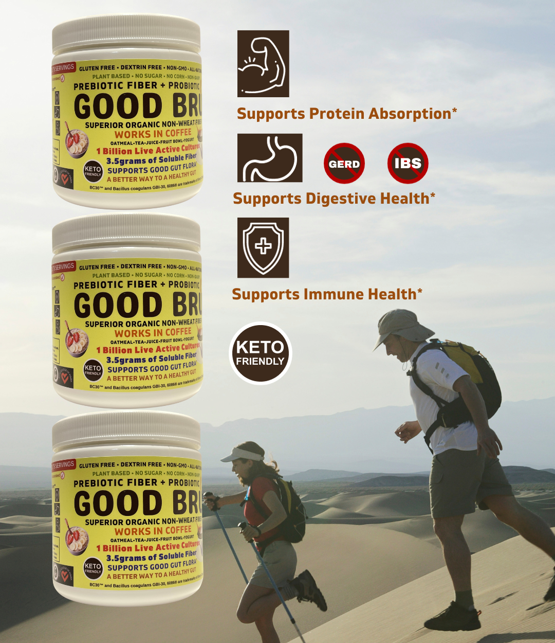 Good Bru organic prebiotic plus probiotic single pack. A healthy gut is important to overall health. Keto friendly all natural soluble fiber that goes great in coffee. 1 Billlion live active cultures that supports digestive health, immune function, protein utilization and fight IBS, GERD.