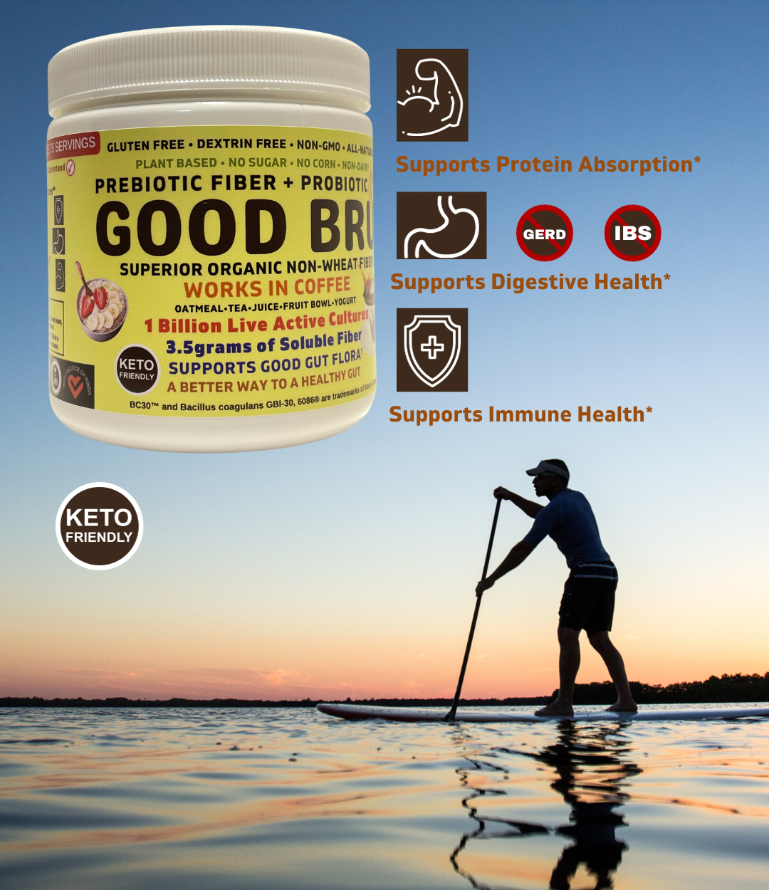 Good Bru organic prebiotic plus probiotic single pack. A healthy gut is important to overall health. Keto friendly all natural soluble fiber that goes great in coffee. 1 Billlion live active cultures that supports digestive health, immune function, protein utilization and fight IBS, GERD.
